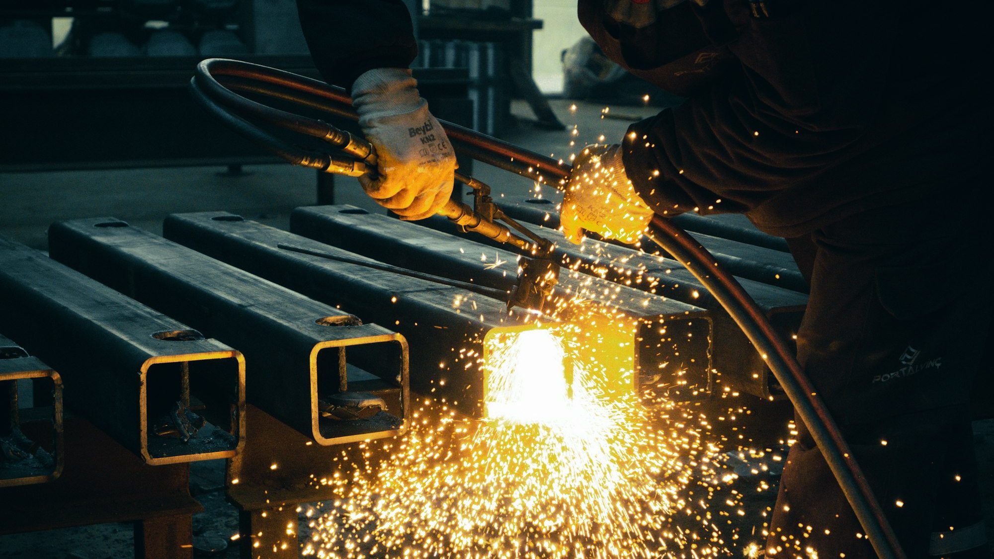 Welding a steel structure at the workshop